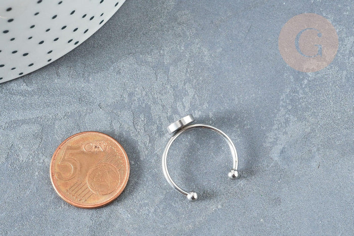 Bague réglable pour cabochon 6mm acier platine inoxydable 18mm, x1 (G8149)