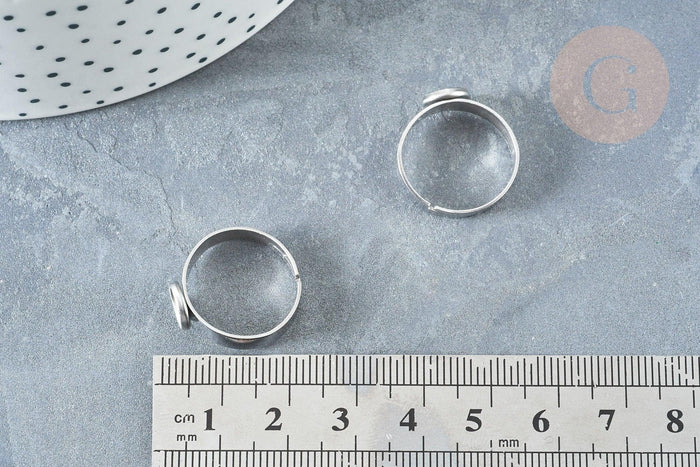 Bague réglable pour cabochon 6mm en acier platine inoxydable 17-18mm, x2 (G8227)