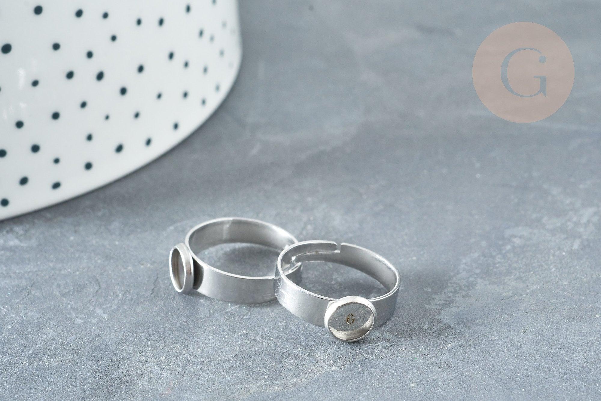Bague réglable pour cabochon 6mm en acier platine inoxydable 17-18mm, x2 (G8227)