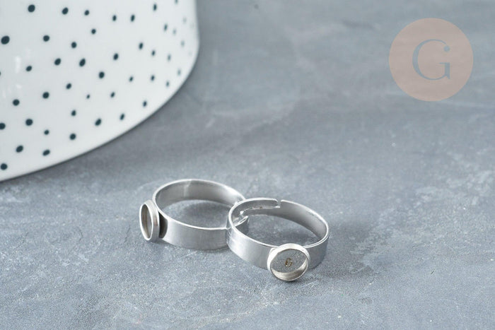 Bague réglable pour cabochon 6mm en acier platine inoxydable 17-18mm, x2 (G8227)