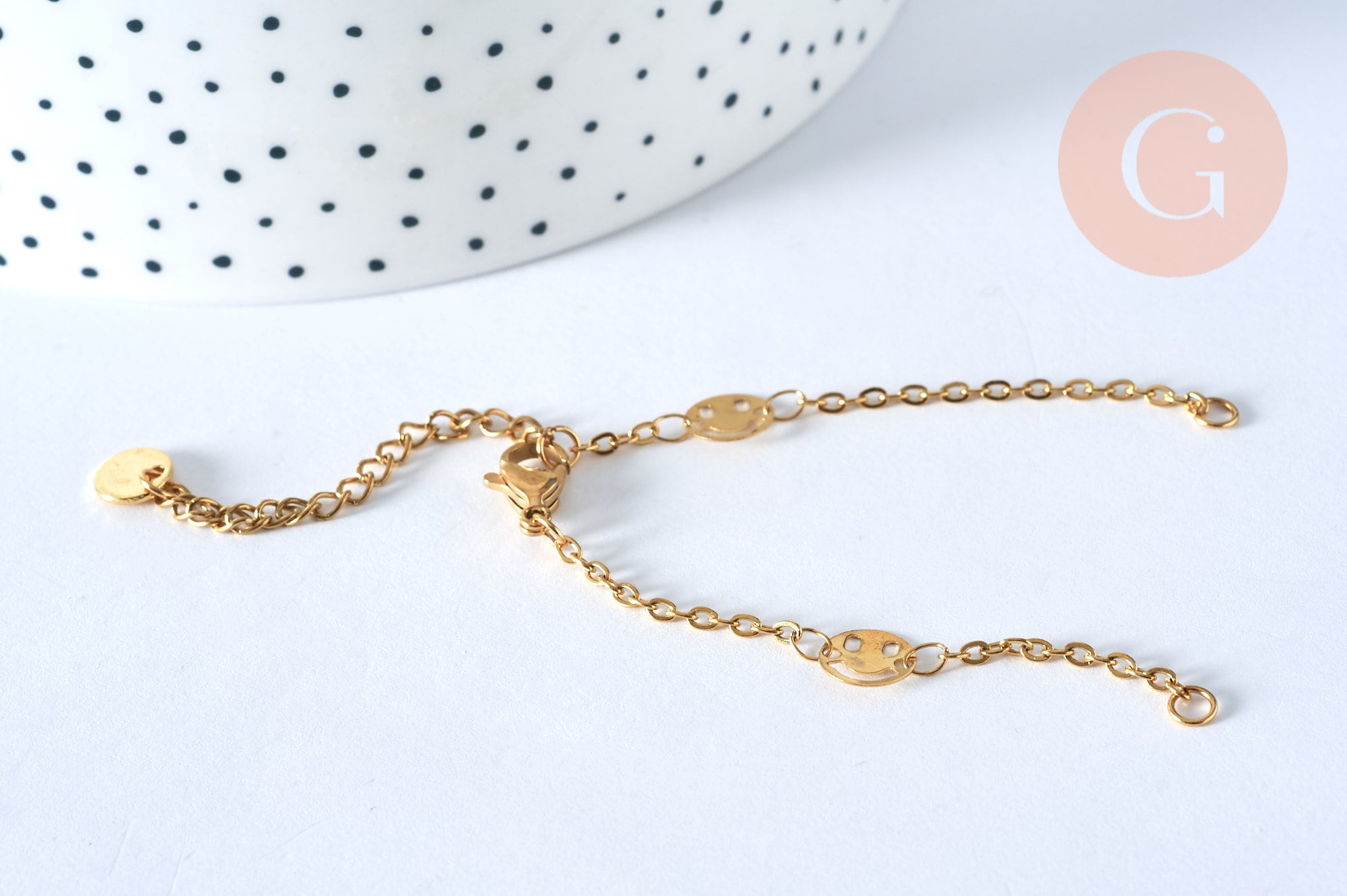 Base de bracelet ajustable maille forçat smiley fantaisie en acier doré 14k 14cm, sans nickel, bracelet en acier doré inoxydable, x1 (G5971)