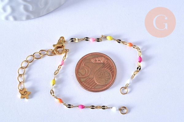 Base de bracelet fin acier inoxydable doré 14k résine multicolore rose avec anneaux 16.5mm, x1 (G5807)