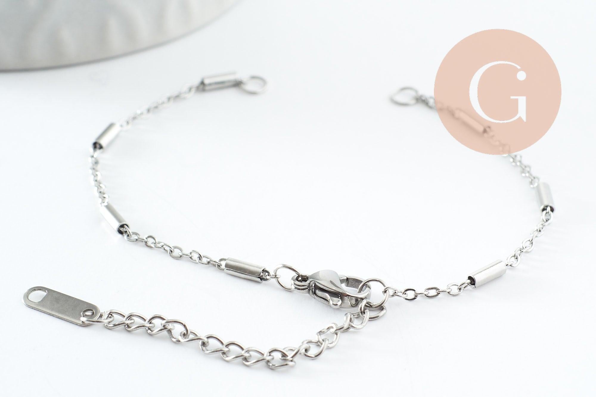 Base de bracelet fine maille tube acier inoxydable 304 platine avec anneaux 15.8mm, x1 (G9498)