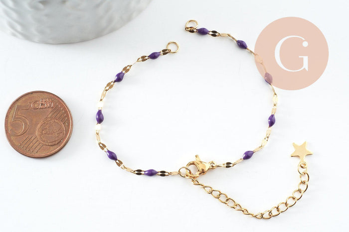 Base de bracelet réglable chaine acier 304 doré inoxydable résine violette 16.2cm, x1 (G9593)