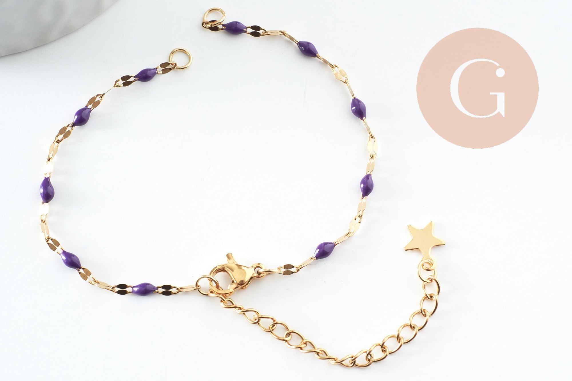 Base de bracelet réglable chaine acier 304 doré inoxydable résine violette 16.2cm, x1 (G9593)