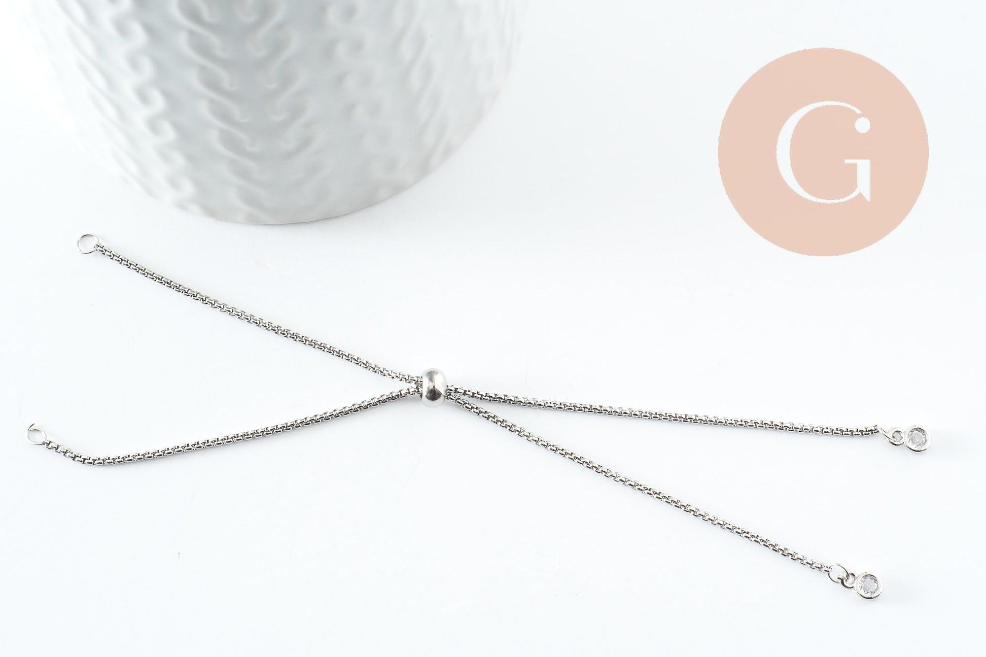 Base de bracelet réglable chaine rolo acier inoxydable platine finition zircon 1.2mm/ 26.6cm, x1 (G9493)