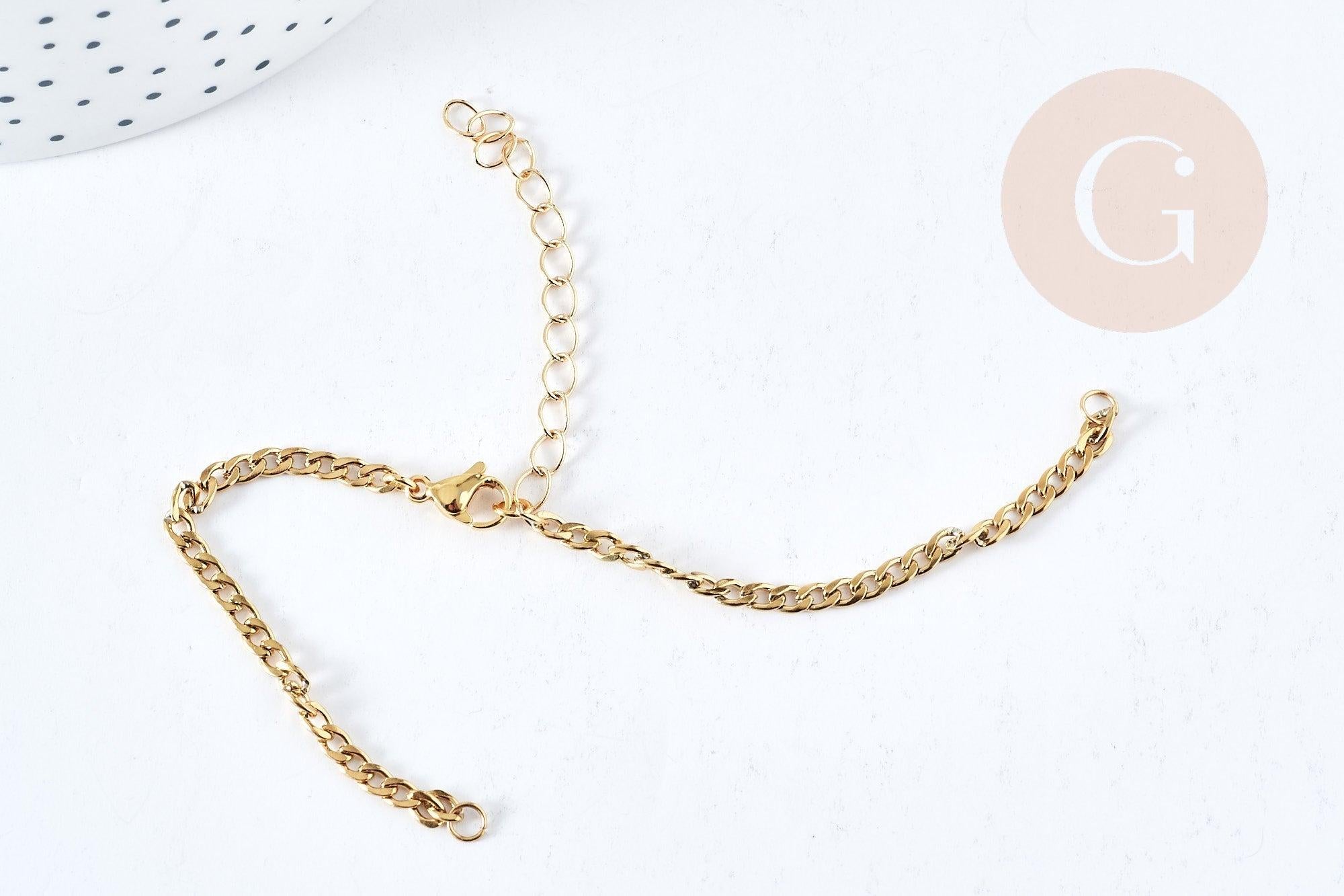 Base de bracelet réglable maille gourmette acier doré 304 inoxydable 15.5cm, x1 (G8624)