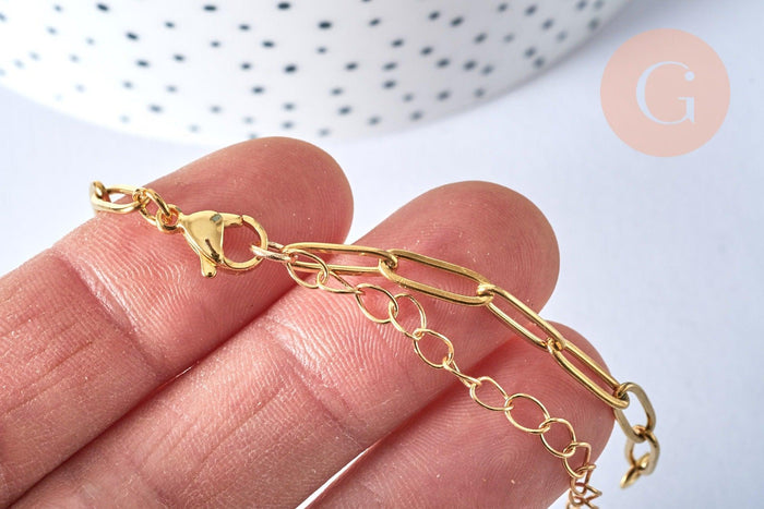 Base de bracelet réglable maille trombone fantaisie or acier 304 inoxydable 14k 14.5cm, bracelet or acier inoxydable, x1 (G5972)