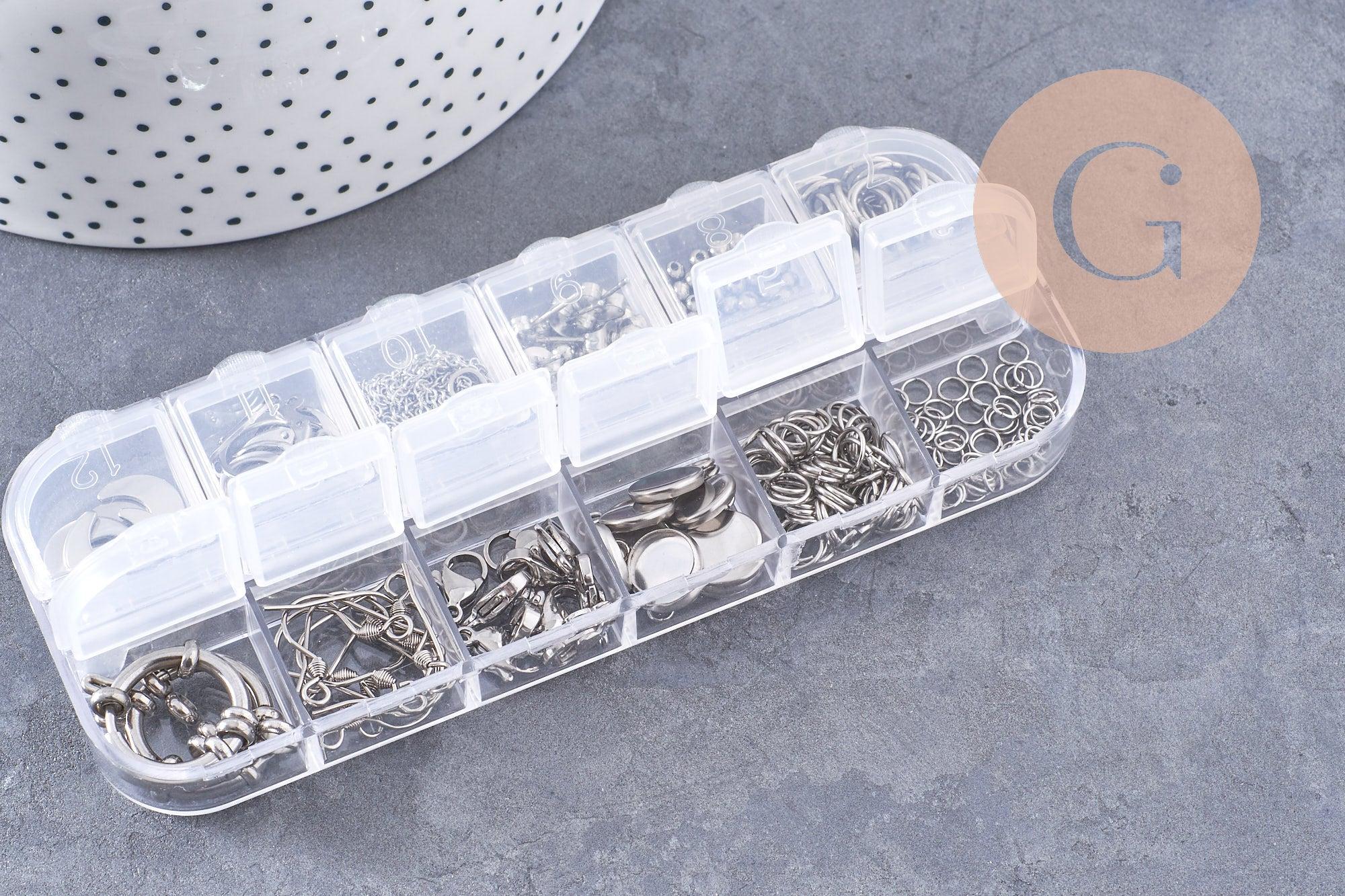 Boite Kit mix de 12 types de fournitures pour bijoux en acier inoxdable doré ou platine, x1 (G10142/G10143)