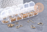 Boite Kit mix de 12 types de fournitures pour bijoux en acier inoxdable doré ou platine, x1 (G10142/G10143)