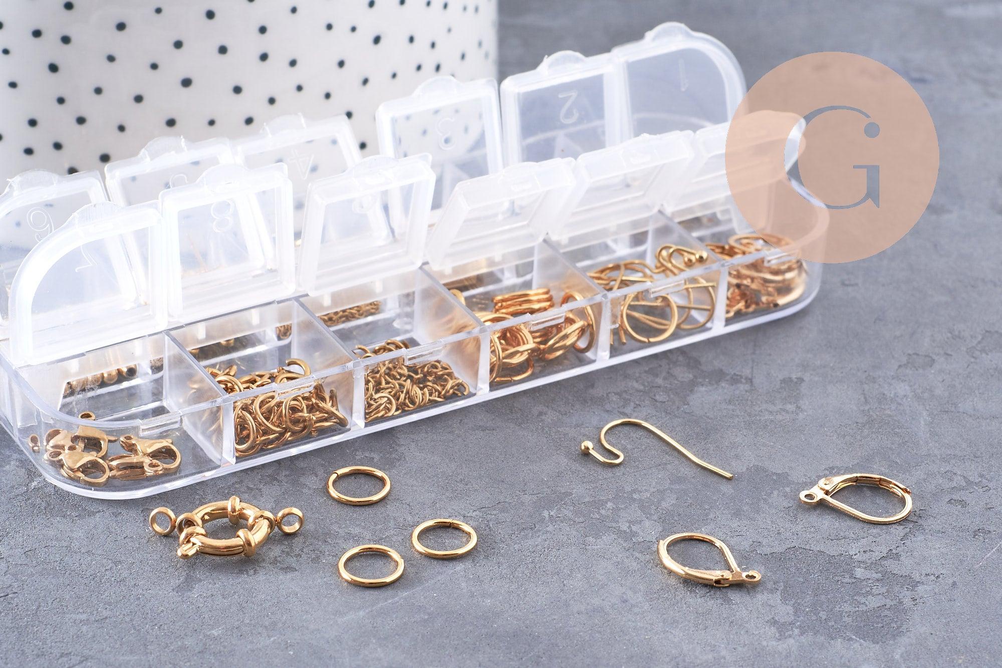 Boite Kit mix de 12 types de fournitures pour bijoux en acier inoxdable doré ou platine, x1 (G10142/G10143)