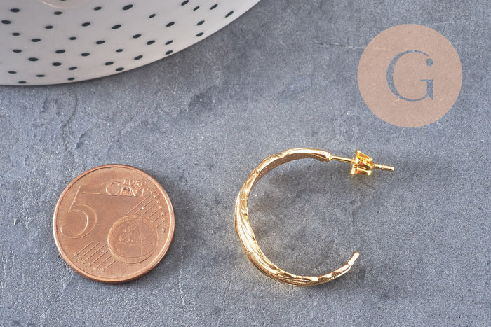 Boucles créoles feuille laiton doré 18k 24mm, la paire (G0916)