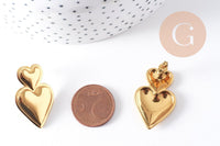 Boucles d'oreille coeur acier 304 inoxydable doré IP 18K 31mm, la paire (G10280)