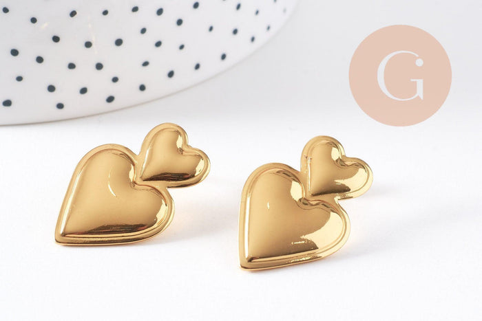 Boucles d'oreille coeur acier 304 inoxydable doré IP 18K 31mm, la paire (G10280)