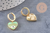 Boucles d'oreilles coeur oeil protecteur émail coloré laiton doré, la paire (G3775)