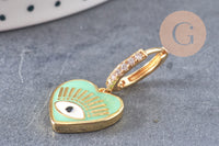 Boucles d'oreilles coeur oeil protecteur émail coloré laiton doré, la paire (G3775)