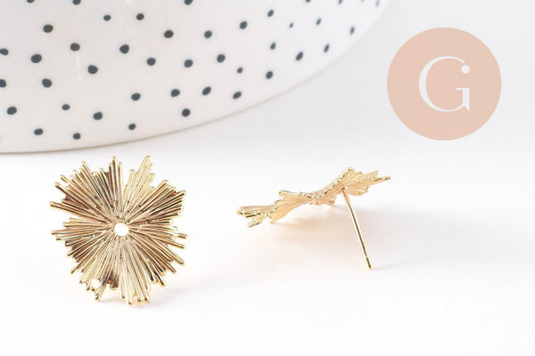 Boucles d'oreilles puce rayons de soleil texturé laiton doré 18K 22mm, la paire (G10476)