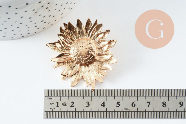 Boucles fleur tournesol XXL zamac doré 50mm, la paire (G9654)