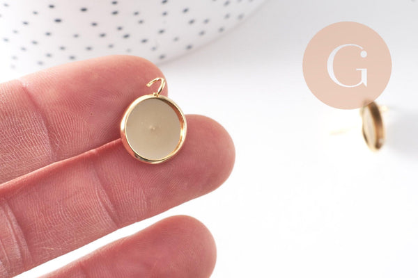 Boucles puce support cabochon rond 12mm avec anneau acier 304 inoxydable doré, x2 (G10510)