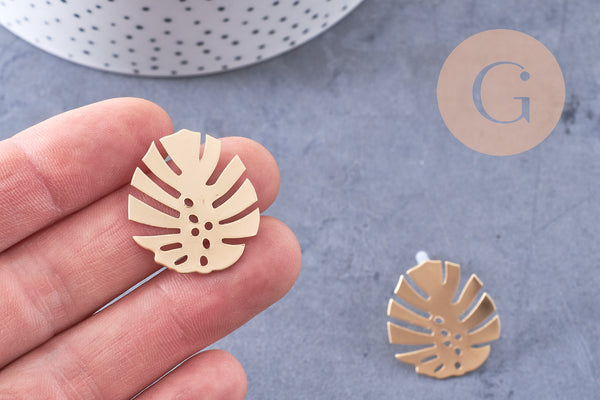 Boucles puces fer doré feuille monstera boucle 28mm, la paire (G1310)
