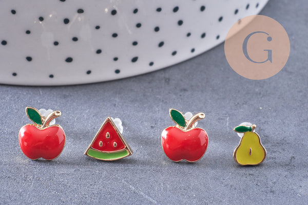 Boucles puces laiton doré email fruit, x4 (G10579)