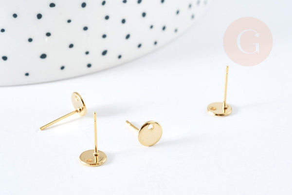 Boucles puces rondes percées acier 201 dorées 6mm, la paire (G8476)