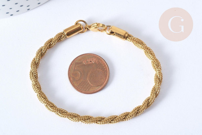 Bracelet Chaines torsadées acier 304 inoxydable doré 17.8cm, x1 (G7791)