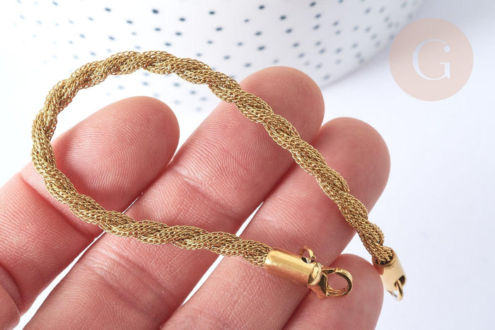 Bracelet Chaines torsadées acier 304 inoxydable doré 17.8cm, x1 (G7791)