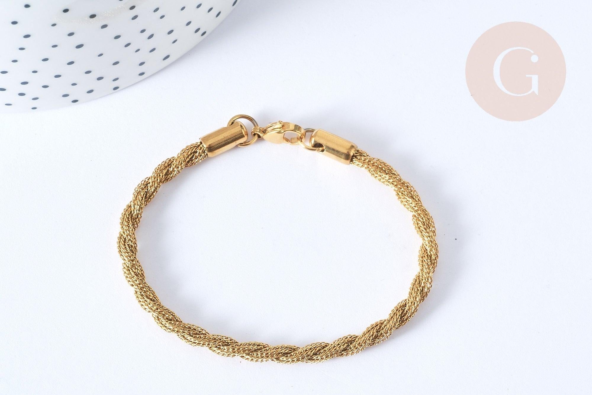 Bracelet Chaines torsadées acier 304 inoxydable doré 17.8cm, x1 (G7791)