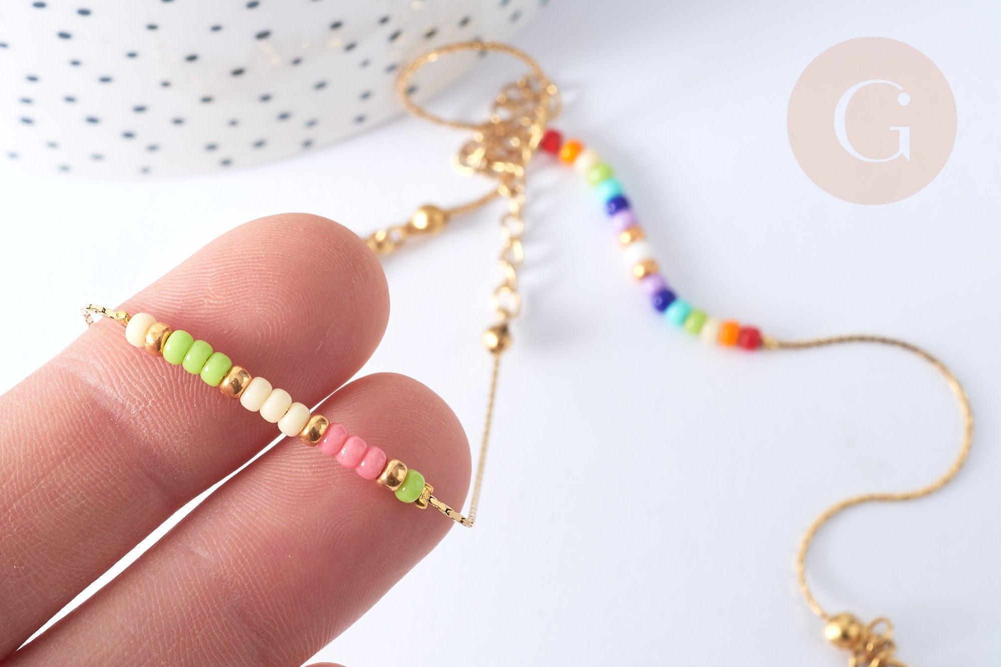 Bracelet Perles rocailles multicolores acier 304 inoxydable doré 19cm, x1 (G7902)