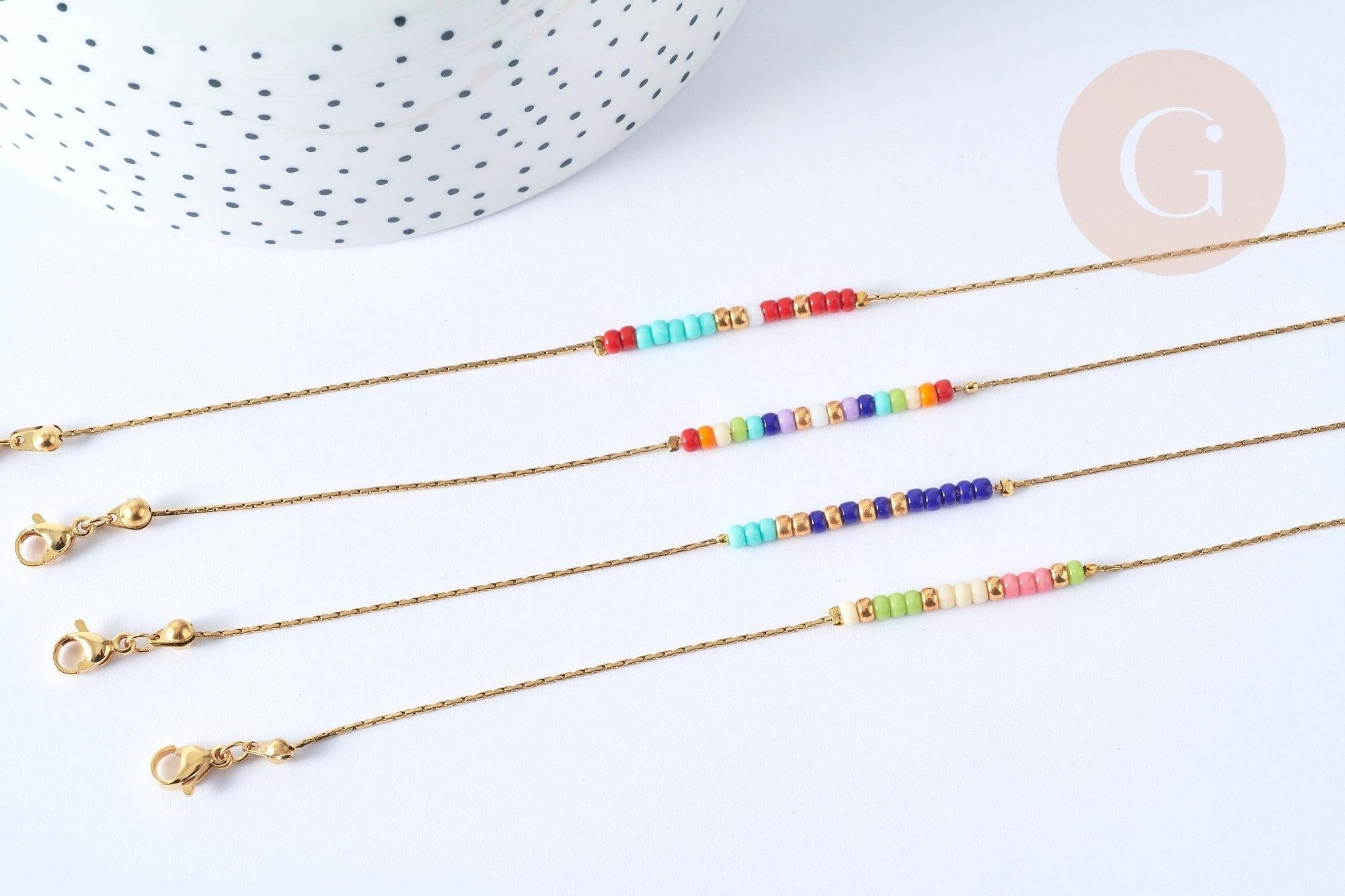 Bracelet Perles rocailles multicolores acier 304 inoxydable doré 19cm, x1 (G7902)