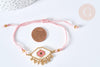 Bracelet Réglable losange mauvais œil rose or 28cm cordon nylon perles rocailles tissées , x1 (G7691)