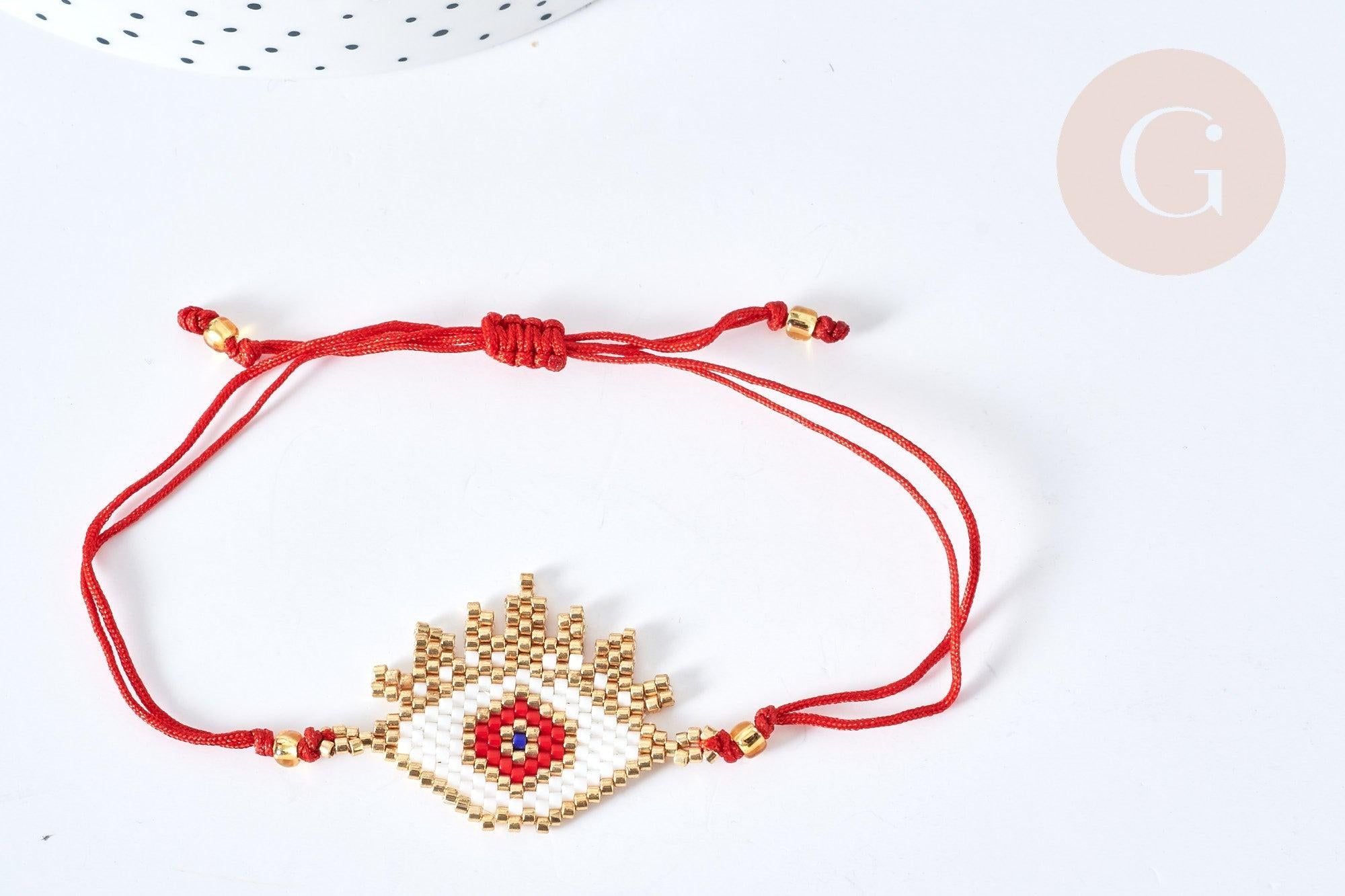 Bracelet Réglable losange mauvais œil rouge or 28cm cordon nylon perles rocailles tissées , bijou chance à offrir, bracelet amitié, x1 (G7677)
