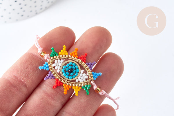 Bracelet Réglable mauvais œil multicolore 28cm cordon rose nylon perles rocailles tissées , x1 (G7689)