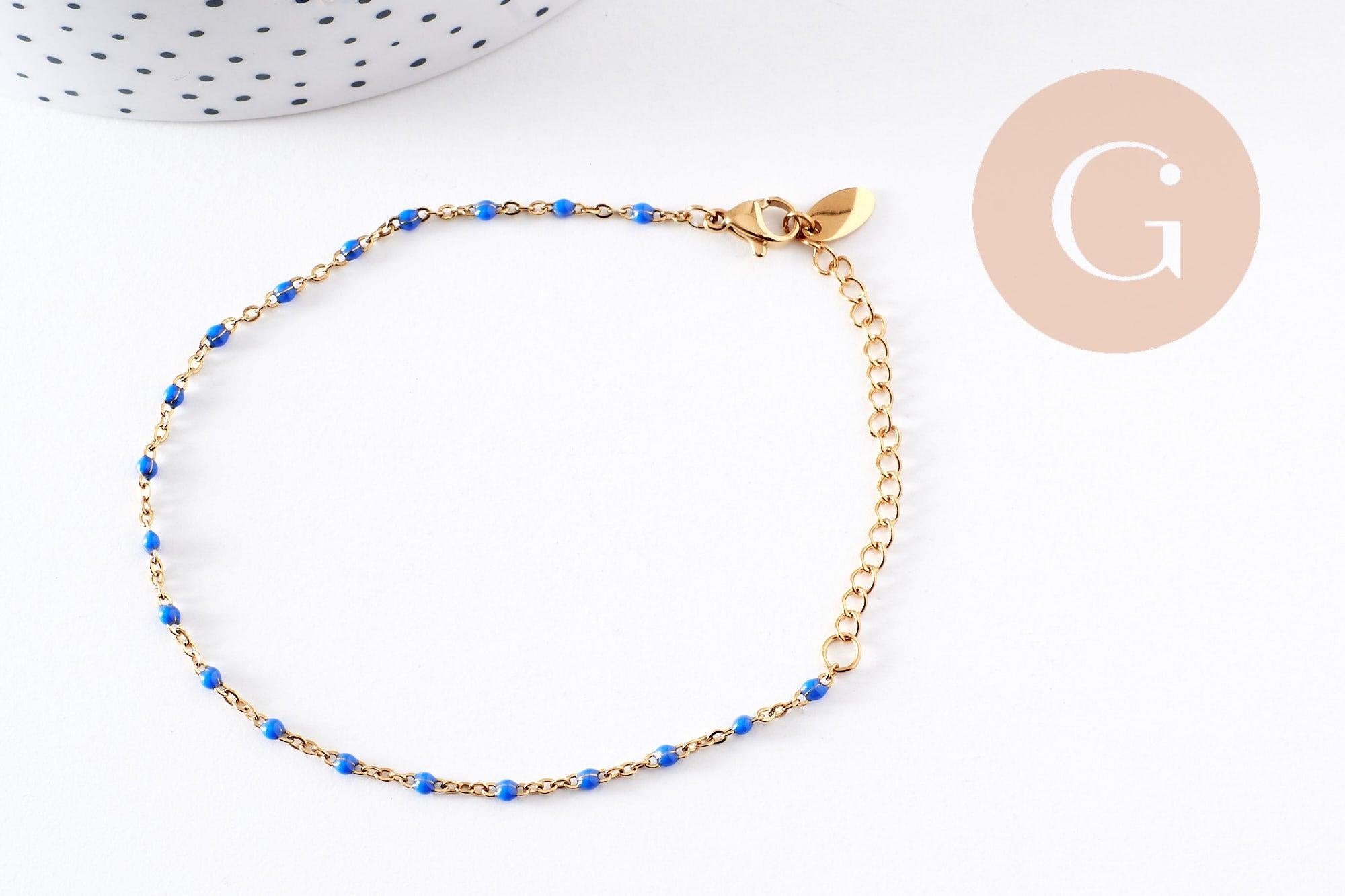 Bracelet acier 304 inoxydable doré 14k résine bleu marine 1.5mm-20.5cm, x1 (G10209)