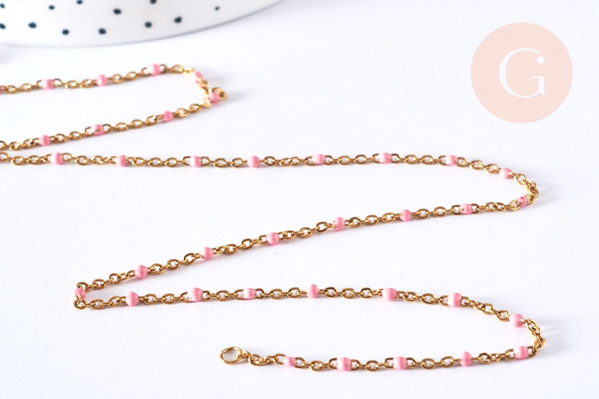 Bracelet ou collier acier doré 14k résine rose 1.5mm,20.5cm, x1 (G3602)