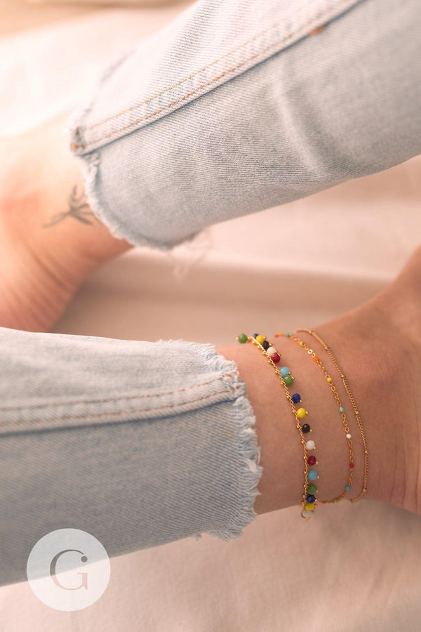 Bracelet chaine cheville laiton et perles multicolores verre 25.4cm, x1 (G4090)