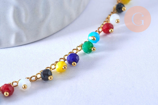 Bracelet chaine cheville laiton et perles multicolores verre 25.4cm, x1 (G4090)