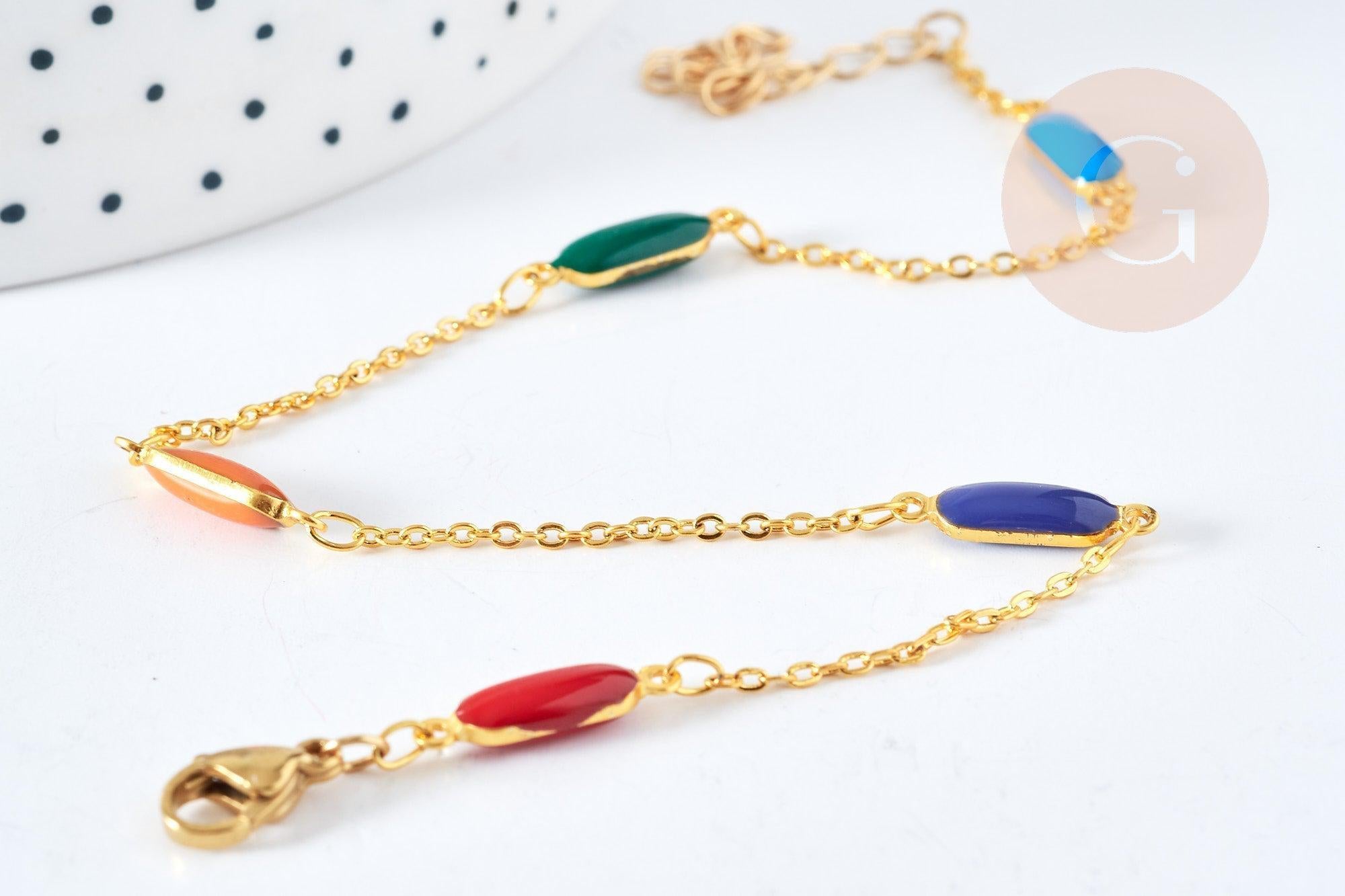 Bracelet chaine de cheville géométrique laiton doré émaillé multicolore 23.7mm, x1 (G8795)