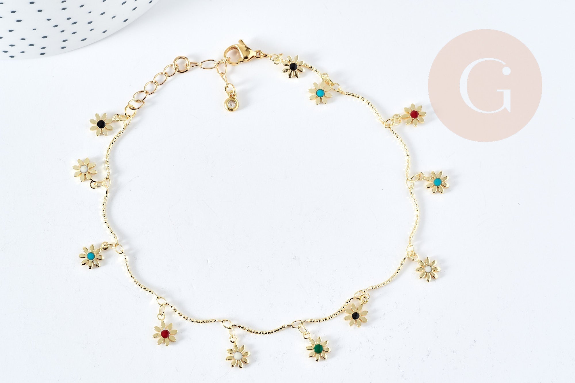 Bracelet fleurs marguerites laiton doré émaillé multicolore 24.5mm, x1 (G8787)
