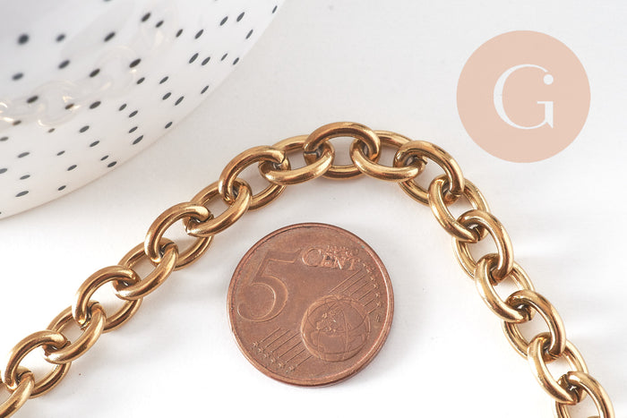 Bracelet grosse maille acier 304 inoxydable doré 14k 22cm, x1 (G4198)