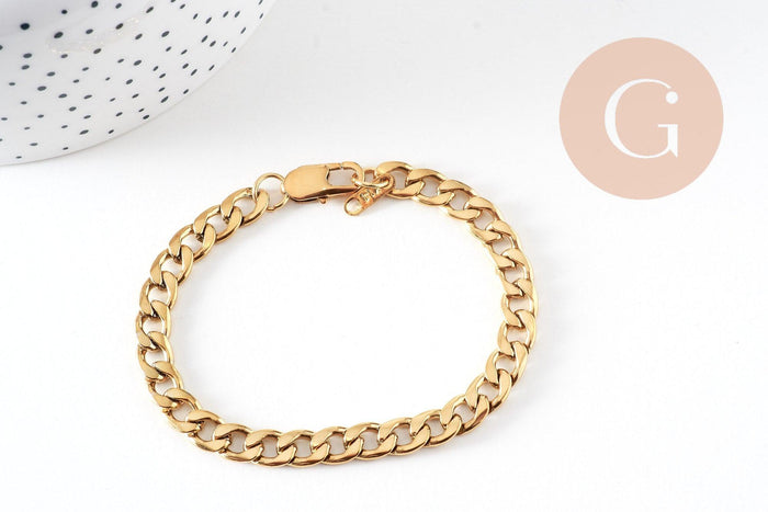 Bracelet grosse maille figaro gourmette acier doré 14k, 20cm, x1 (G4447)