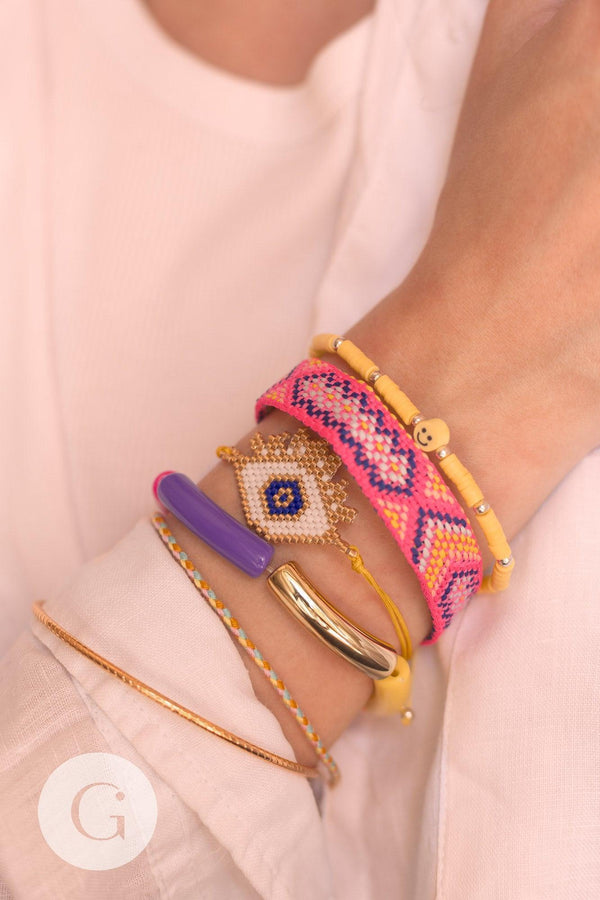 Bracelet jonc élastiqué résine violet rose orange doré 52mm, x1 (G8832)