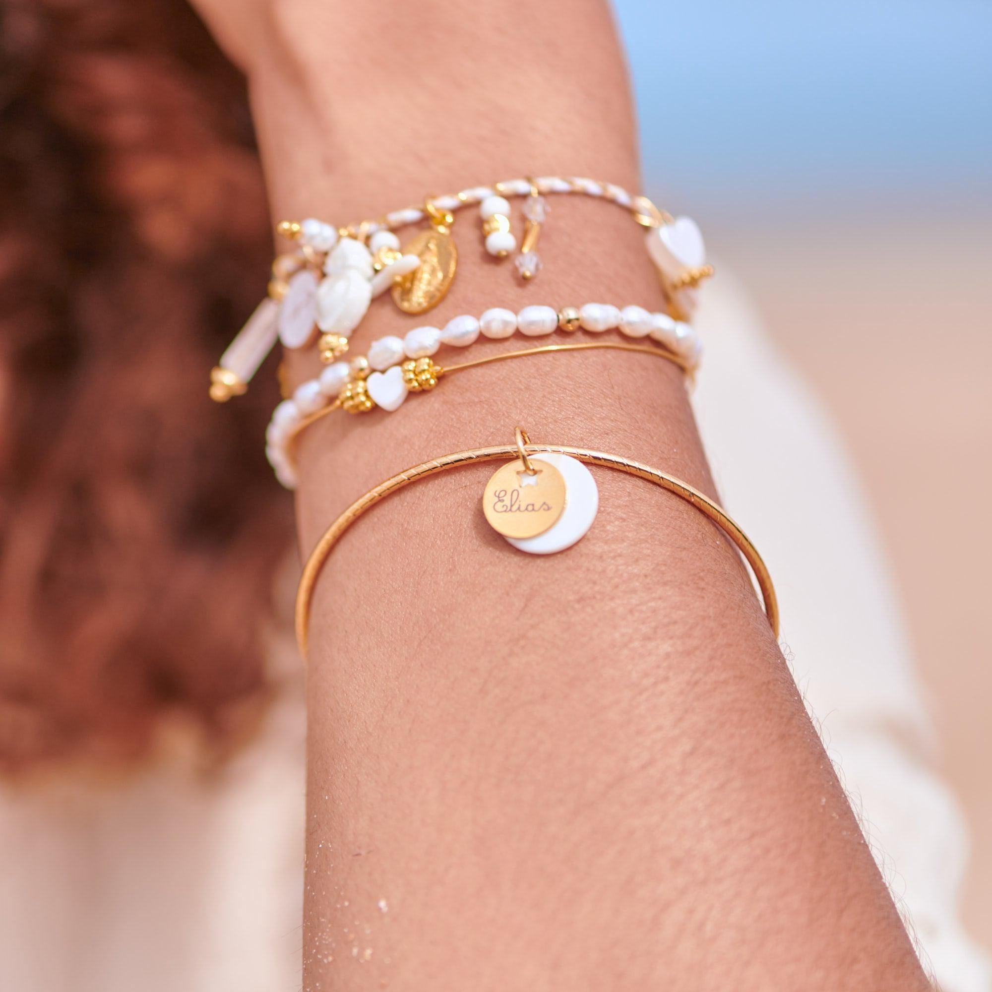 Bracelet jonc texturé à personnaliser Acier Inoxydable 304 avec Médaille étoile & nacre, x1 (ADN7)