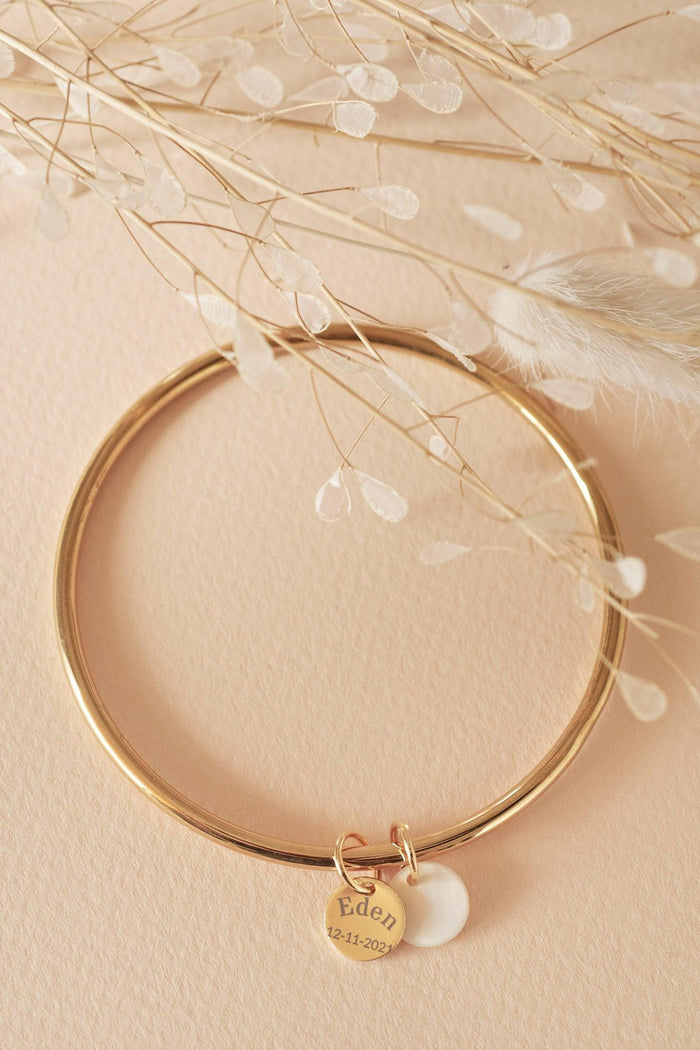 Bracelet jonc texturé à personnaliser Acier Inoxydable 304 avec Médaille étoile & nacre, x1 (ADN7)
