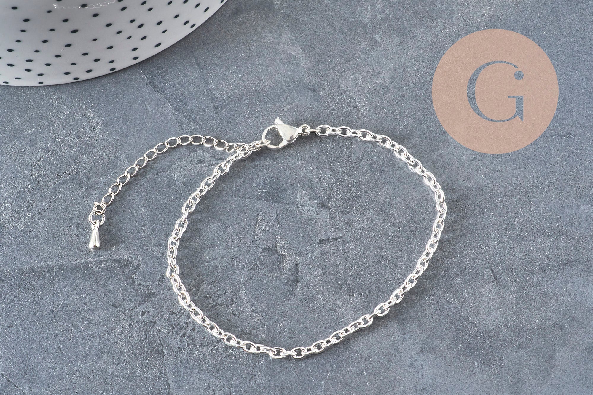 304 Stainless steel rhodium plated curb chain bracelet 4mm/18.5cm, x1 (G11204)