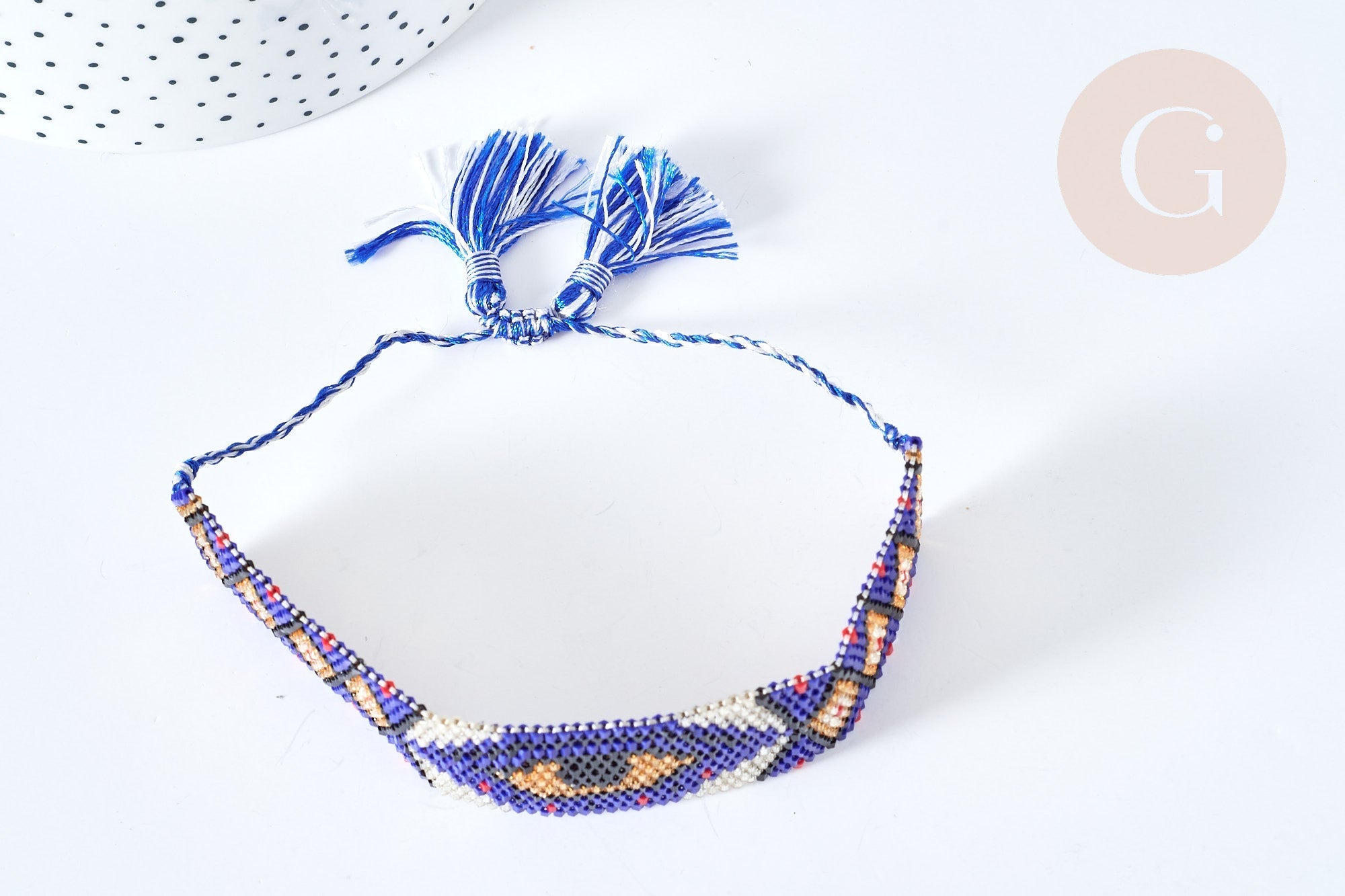 Bracelet manchette Réglable oeil protecteur perles rocailles tissées bleu 28cm, x1 (G7684)