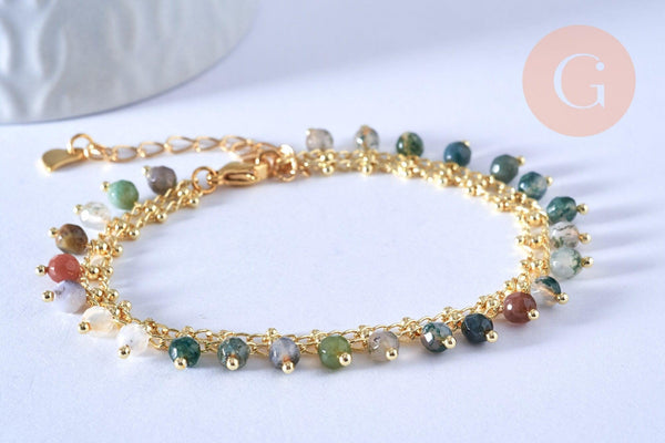 Bracelet perle agate naturelle réglable laiton doré 14k 18cm, x1 (G5803)