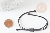 Bracelet réglable cordon ciré noir or acier 304 inoxydable 13-14cm, x1 (G9267)