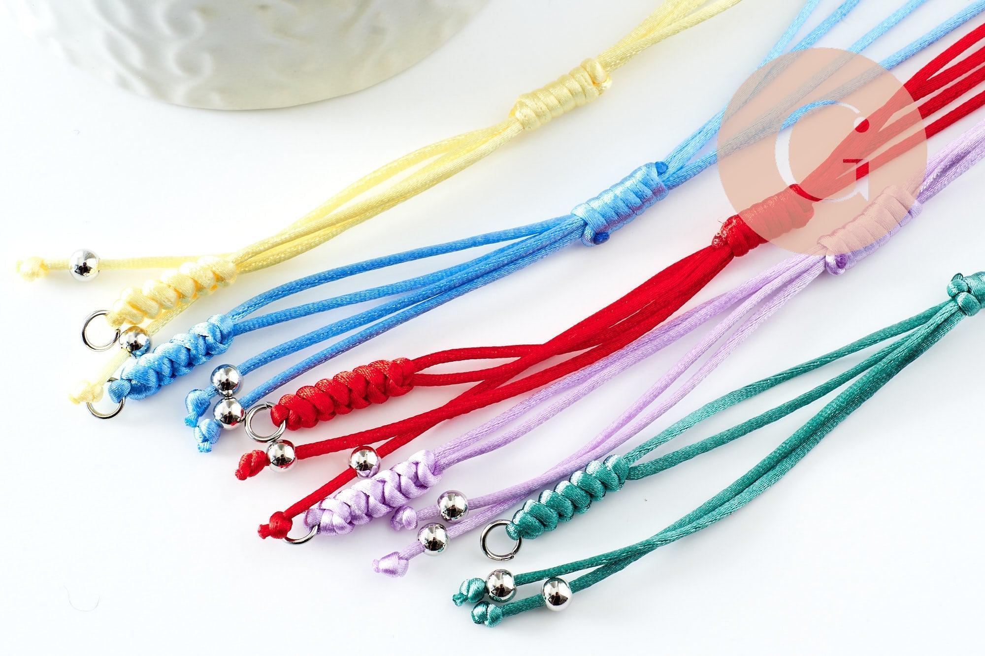 Bracelet réglable cordon polyester laiton & acier 304 platine 24.5cm, x1 (G9576)